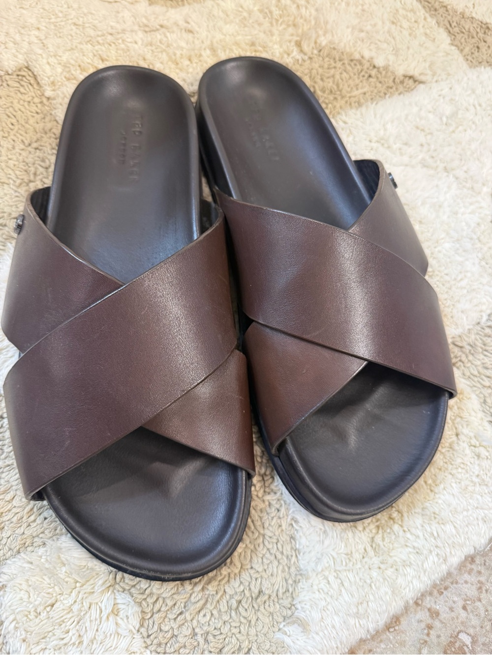 Ted Baker London Dark Brown Crisscross Leather Slide Sandals
